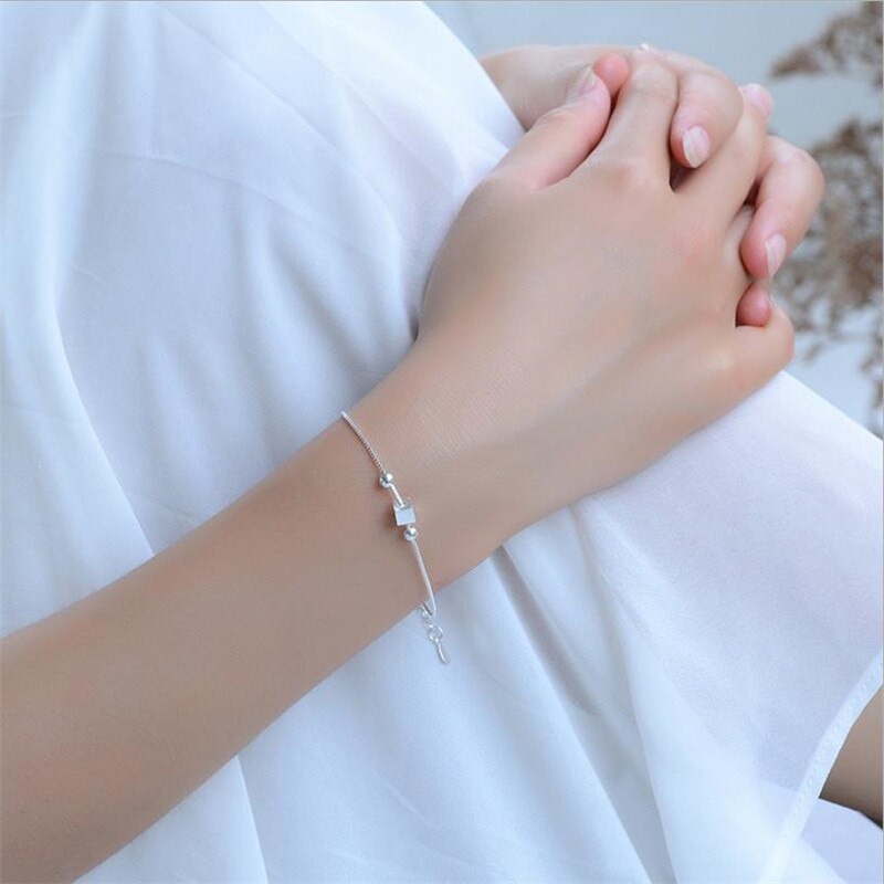 Lady 925 Sterling Zilveren Enkelbanden Voor Vrouwen Party Accessoires Meisjes Vierkante Bal Armband Vrouwelijke Armband Zilveren Dame