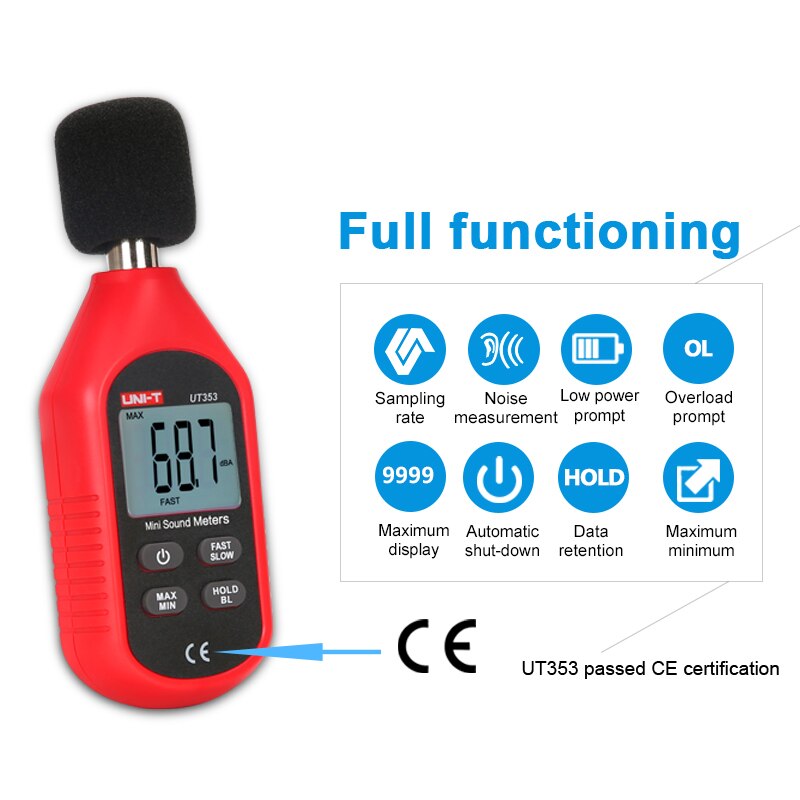 Sonomètre Numérique UNI-T - Plage 30 à 130 DB - Mesure Rapide/Lente - Écran LCD Rétroéclairé - Alimentation 3xAAA