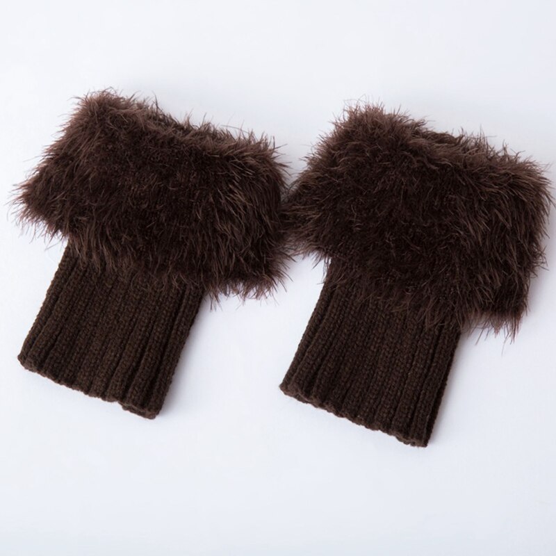 Womens Winter Warm Crochet Knit Fur Trim Leg Warmers Cuffs Toppers Boot Socks Women's Ankle Socks Legs Warmers Shoes Set: Dark Coffee