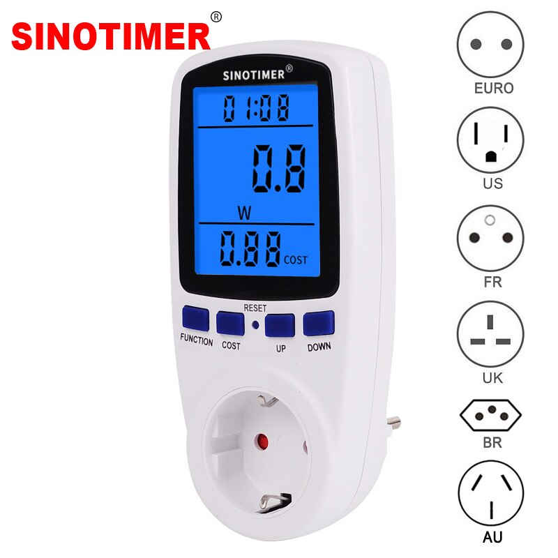 Grote Lcd Backlight Eu Uk Br Us Fr Au Plug Energy Meter Elektrische 230V 110V Watt Voltage Amp meter Stroomverbruik Analyzer