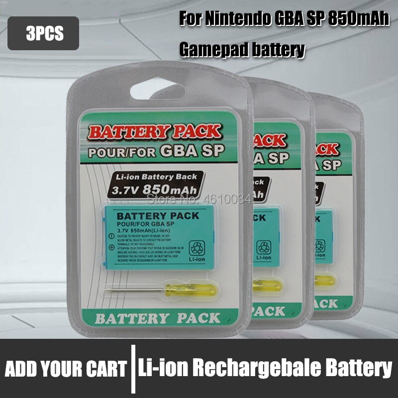 3.7V 850 mAh Rechargeable Battery for Nintend Game Boy Advance SP Systems with Screwdriver lithium battery: 3pcs