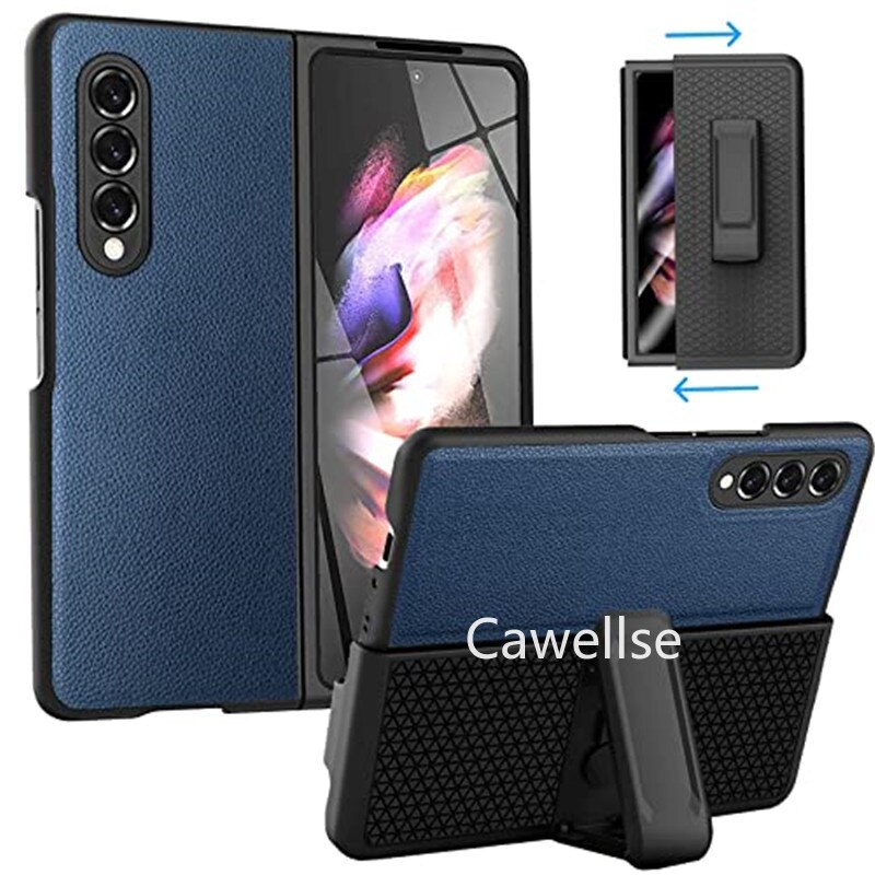 Leather Phone Case with Clip for Samsung Galaxy Z Fold 3 5G Snap-On Cover with Rotating Belt Holster Combo Kickstand Z Flod3: lychee Blue