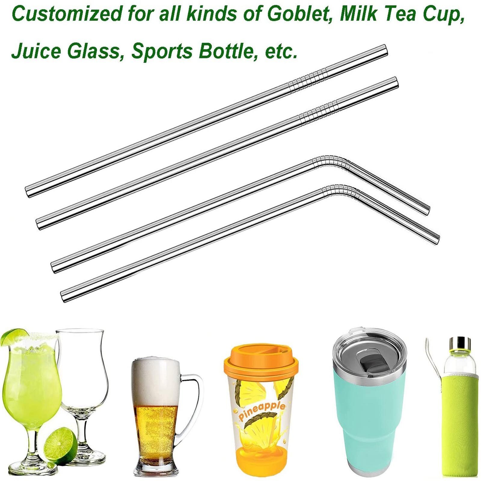 4 Pcs Stro Met Cleaner Brush Korte Cocktail Buizen Lange Metalen Drinken Buisjes Drink Rietjes Voor Smoothies Tapioca Melk Thee