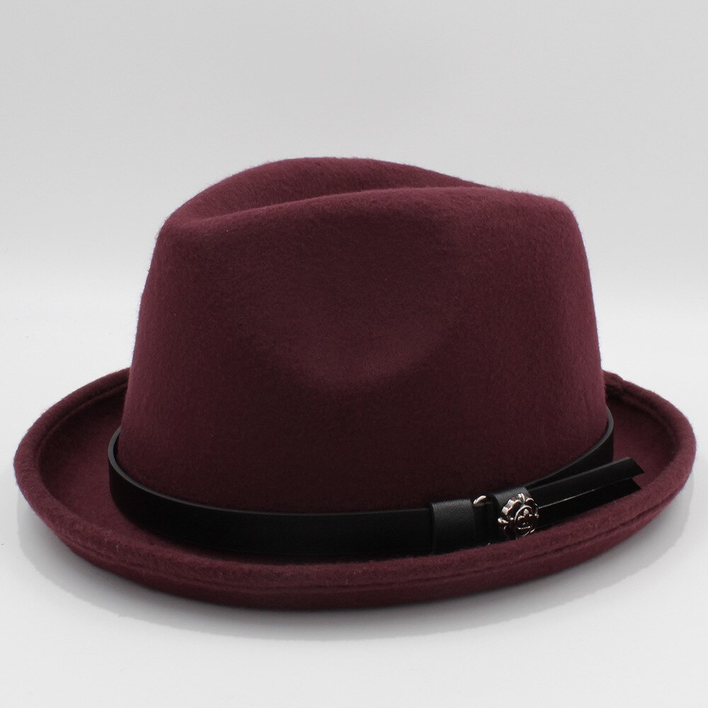 Mænds filt fedora hat til herre vinter efterår kirke roll up brim homburg far jazz hat med bælte: Rødvin