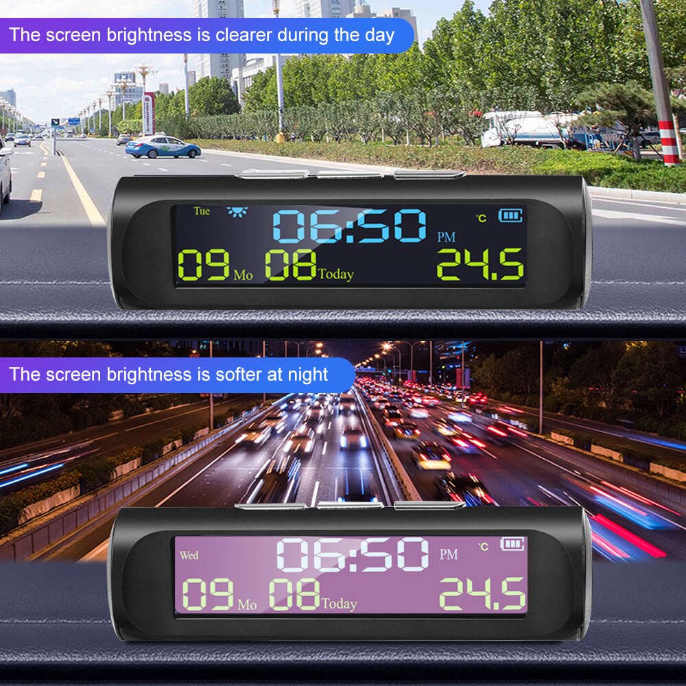 Solar Car Clock Outside Thermometer Driving Time Reminder Automatic Switch No Wiring High-Precision LCD Digital Clock