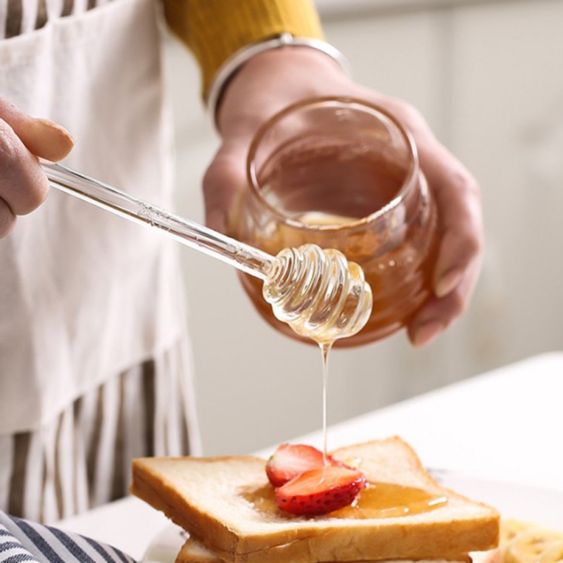 15cm Long Handle Glass Honey Spoon Kitchen Gadget Honey Jar Coffee Stirring Long Glass Mini Bee Honey Dipper Stirrer Muddler
