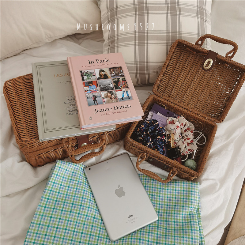 Valise en rotin rétro de Style coréen, boîte de rangement Simple et exquise pour les débris de la chambre, boîte de pique-nique, accessoires de tir, décoration de la maison