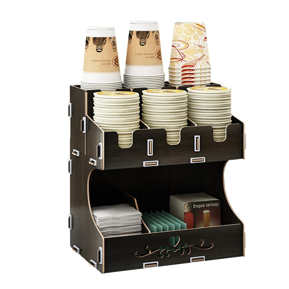 Houten Wegwerp Bekerhouder Multi Compartimenten Koffie Drinken Papieren Bekers, Deksels En Rietjes Diy Organisator Opbergdoos: Black