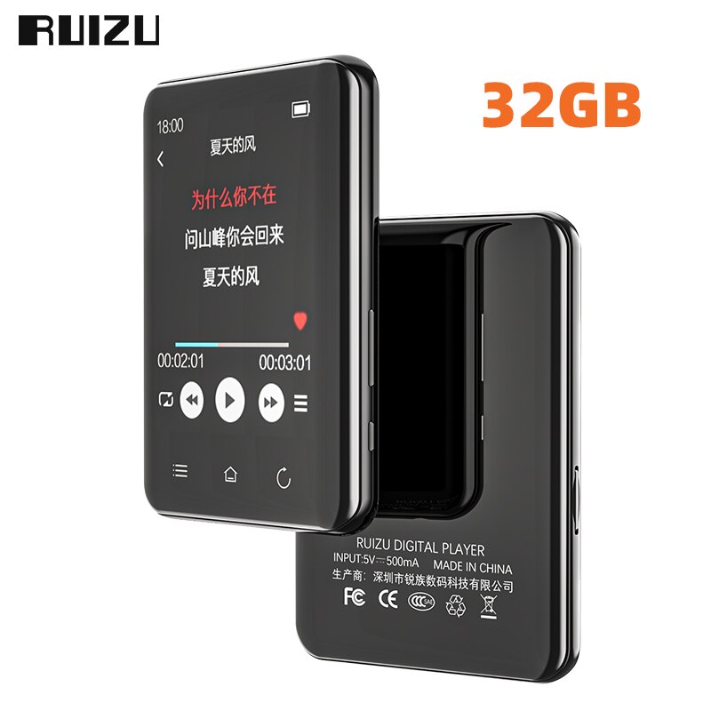 Ruizu D66 Bluetooth 5.0 MP3 Speler Touch Screen Muziekspeler Draagbare Audiospeler Ondersteuning Fm Radio Recorder E-Book Klok Video: 32GB