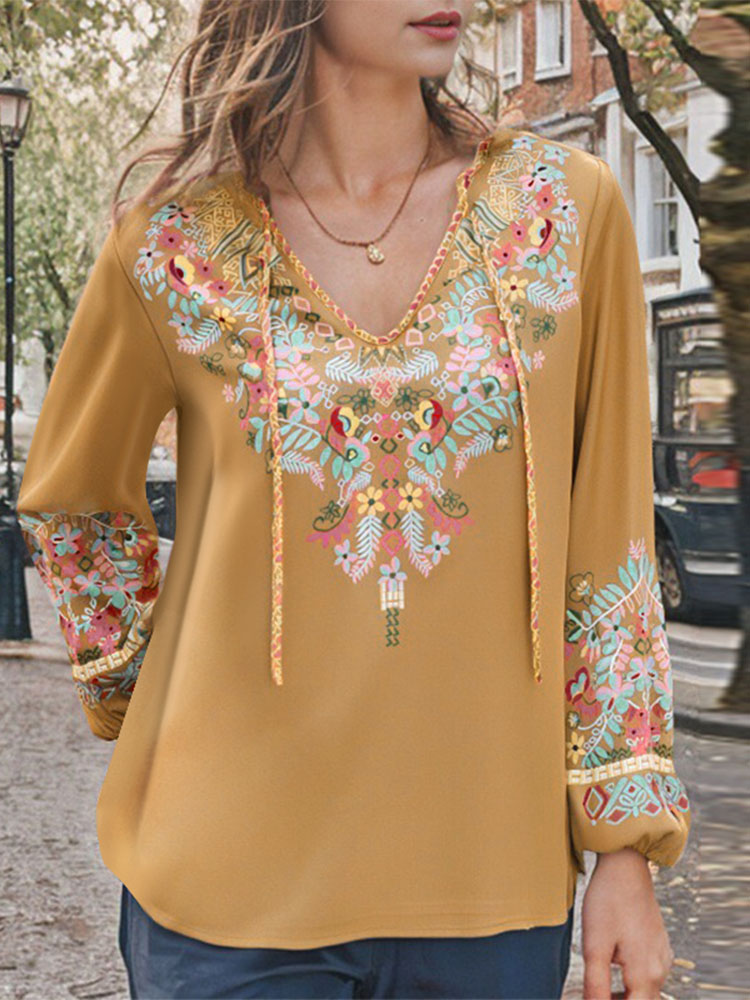 Zanzea lente blouse met bloemenprint, bohemian shirts, casual damesblouses met lange mouwen, v-hals tops met vetersluiting, tuniek: Xxxl / Khaki