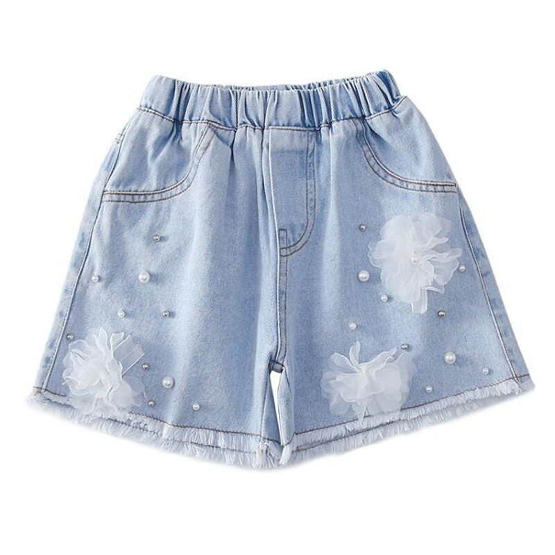 Baby Meisje Jeans Prinses Elastische Taille Parel Kant Bloem Denim Shorts Party Kid Kinderen Zomer Kleding Voor Meisje: 5-6Y