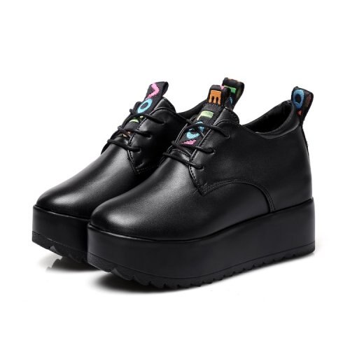 Zapatos de plataforma informales con punta redonda para mujer, zapatillas planas lacadas con cuña para primavera y otoño: Matte Black / 5,5