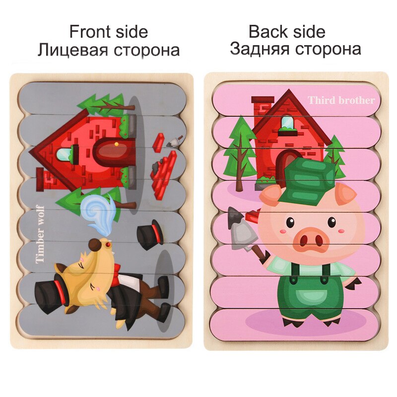 Dwustronna taśma dzieci 3D drewniane Puzzle Montessori zabawka Puzzle ze zwierzętami opowiadanie historii układanie układanki zabawki edukacyjne dla dzieci: WT253C
