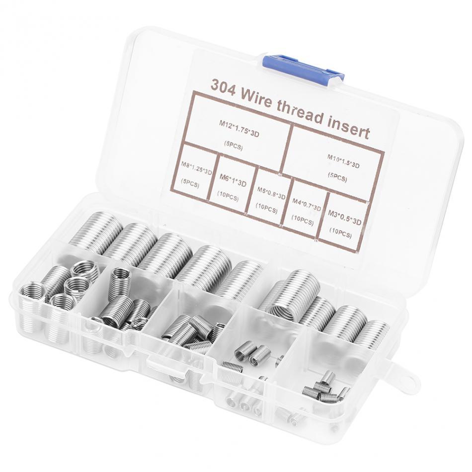 55Pcs M3-M12 Helicoil Thread Sleeve SS304 Stainless Steel Classification Sleeve Set Fastener Rivet Nut Repair Insert Kit