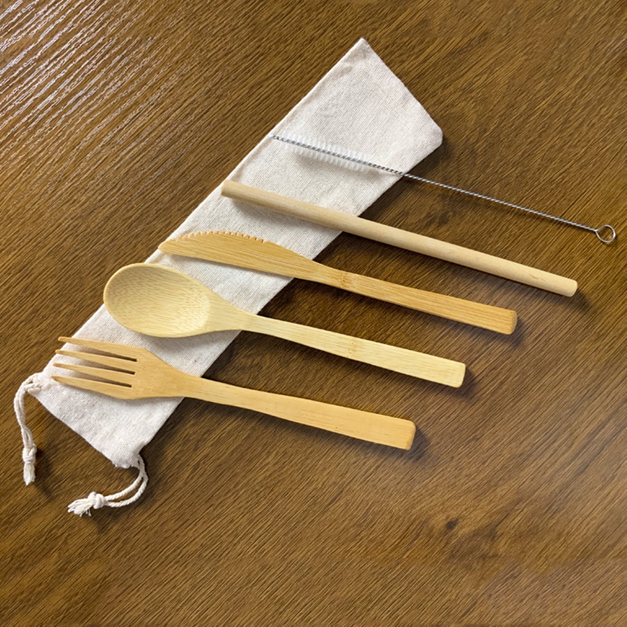 13/11/9/6-Pack Houten Bestek Bestek Set Bamboe Stro Servies Set Met Doek Tas Messen Vork lepel Reizen