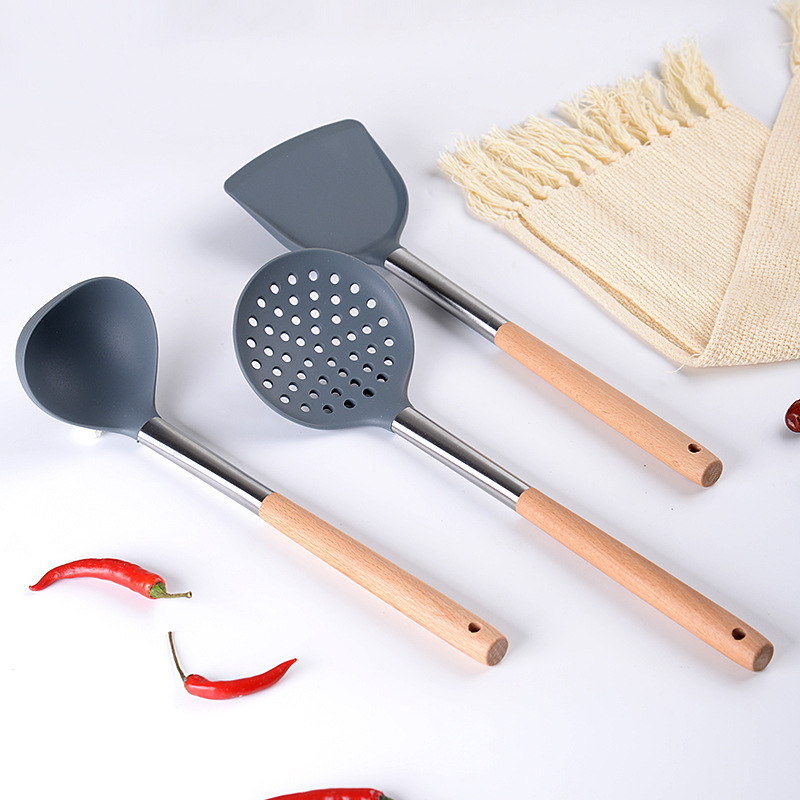 Silicone Kitchen Utensils Wooden Handle Non Stick Pot Kitchenware Cooking Set Heat-resistant Soup Spoon Pasta Colander Shovel
