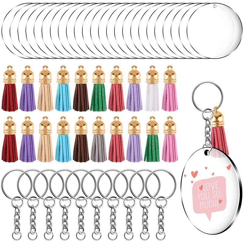 90 stück Acryl Keychain Herstellung Bausatz Klar Acryl Keychain Rohlinge und Bunte Quaste Anhänger für DIY Projekte