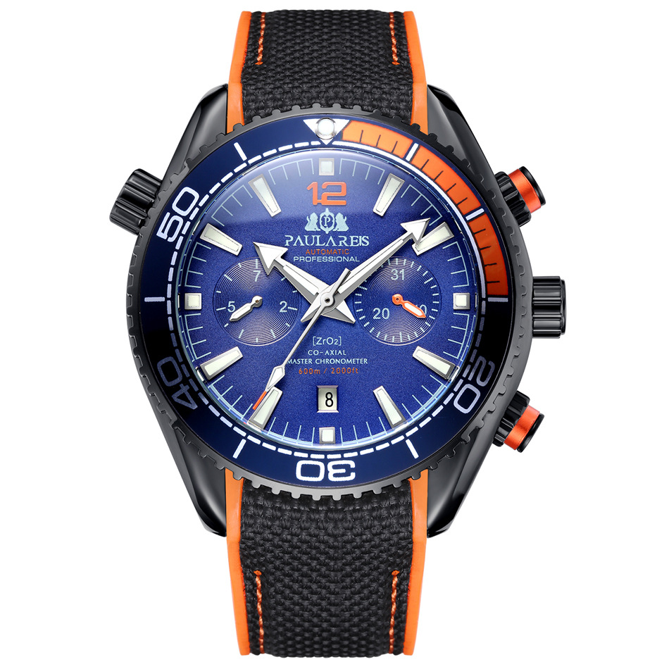 PAULAREIS P, reloj mecánico automático de lujo para hombre, correa de goma, resistente al agua, fecha luminosa, relojes de para hombre: Blanco
