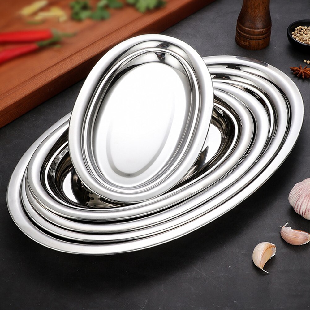 Stainless Steel Oval Plate Steaming Fish Plate Snack Desserts Service Tray Cake Tray Western Steak Round Tray Kitchen Plates