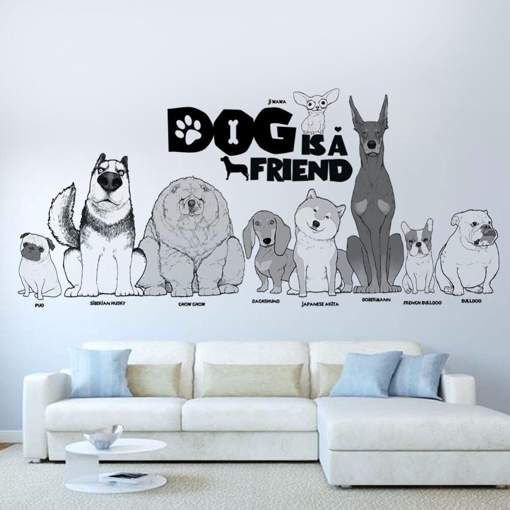 Hond is een vriend pug chow chow jiwawa honden muursticker voor pet shop kinderkamer woonkamer dieren home decor decal muurschilderingen
