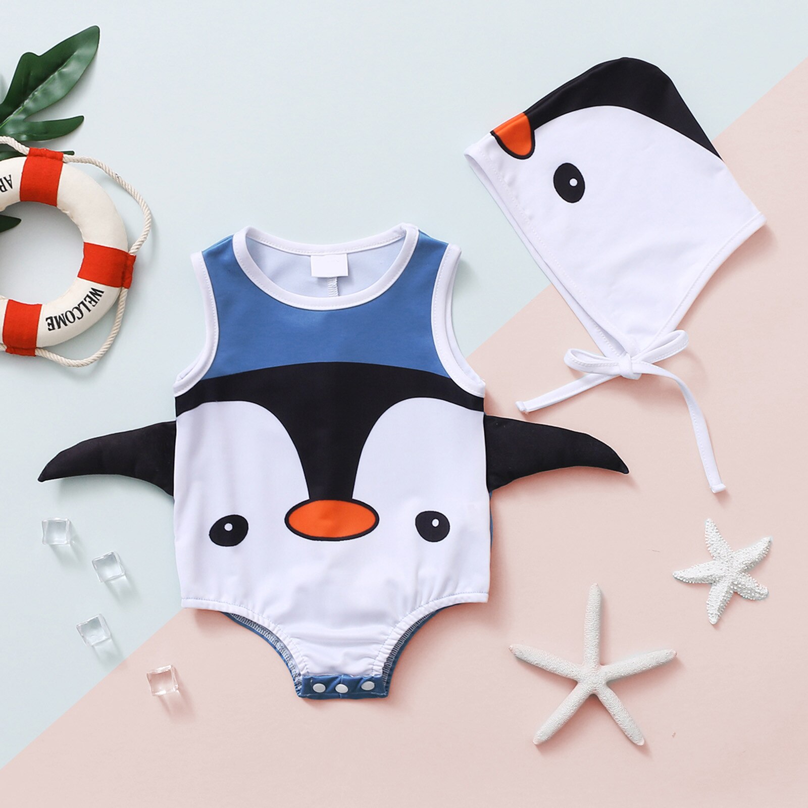 Summer Swimsuit Toddler Baby Boys Girls Clothes One Piece Cartoon Penguin Printed Swimsuit Swimwear Hat Children's Clothing