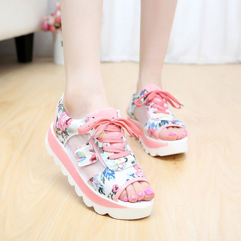 Zomer casual veter sport damesschoenen dames print sandalen visgraat mesh dikke bodem schommelschoenen