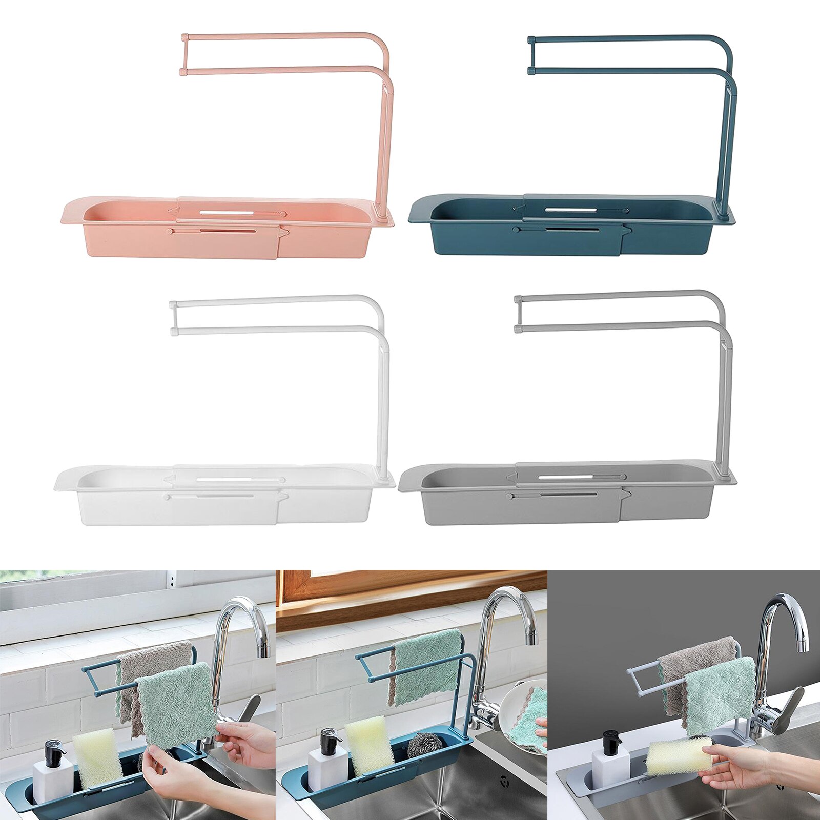 Support d'évier télescopique, panier de rangement extensible, facile à enlever et à laver, plateau d'évier pour la cuisine domestique, 4 couleurs