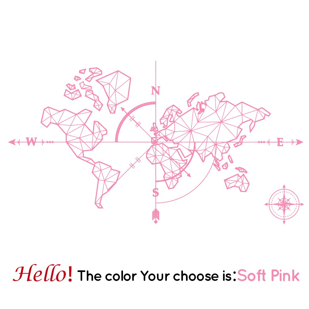 Large World Mape Compass Wall Decal Travel Adventure Exploration Global Earth Vinyl Wall Sticker Office Classroom Kids Room: Soft Pink