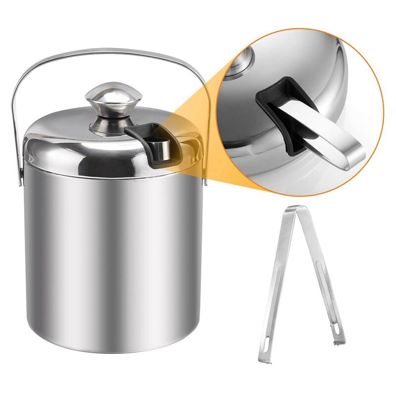 Ice Bucket Stainless Steel Ice Container Double Walled Ice Bucket with Tongs and Lid Ice Container 2.8L