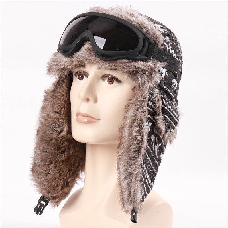 Gorra de esquí a prueba de viento para hombre y mujer, casco de vuelo con orejeras gruesas, ciervo de Navidad, más gorro cálido de terciopelo con gafas, Invierno