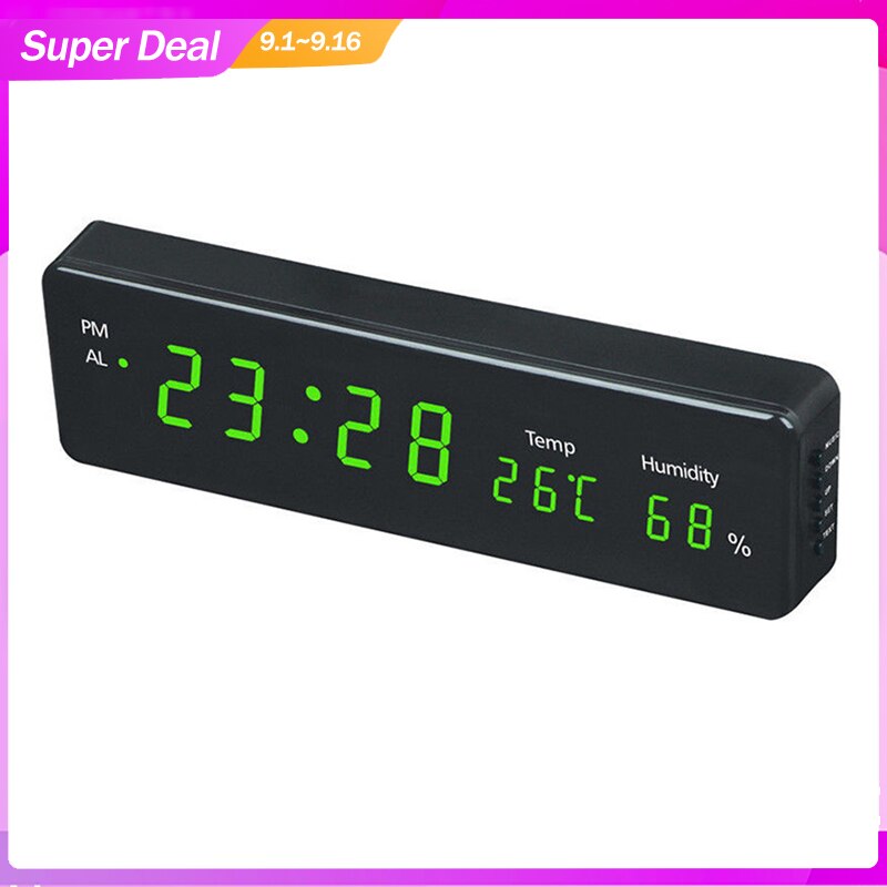 Relógio de parede digital, visor com calendário, temperatura e umidade, relógio de mesa eletrônico led para decoração de parede