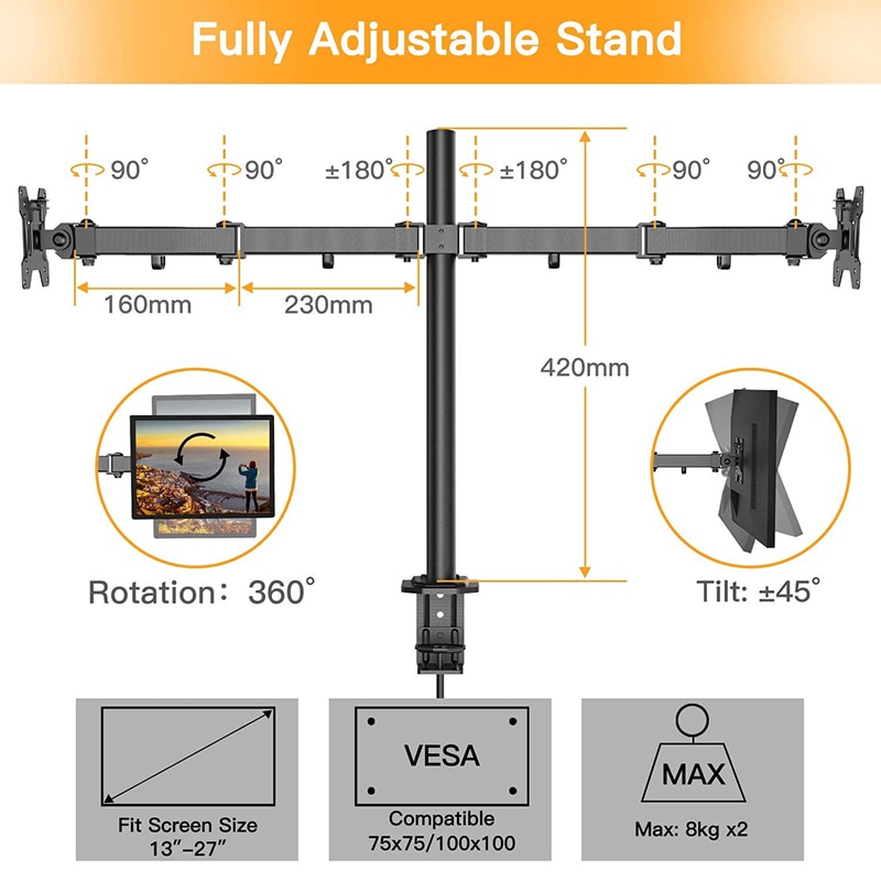 Desktop Full Motion Dual Swivel Monitor Mount Holder Screen Stand Arms for Two 13&quot;-27&quot; Screens 2 Mounting Options Max Load 8KG