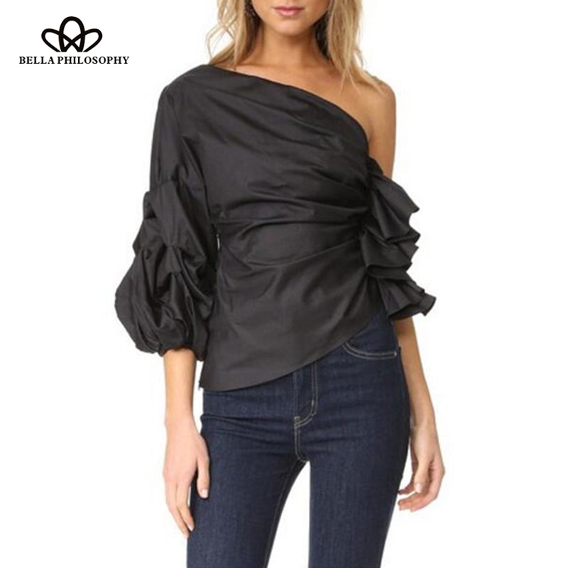 Bella Philosophy spring women three quarter sleeve blusas solid ladies ruffles shirt skew collar female puff sleeve blouse