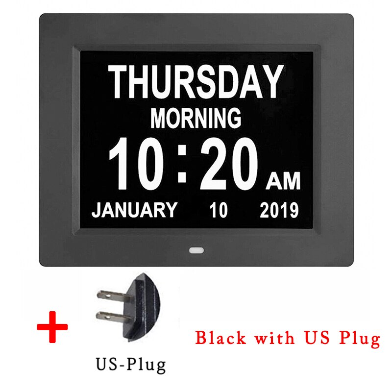 8 idiomas digital dia relógio led calendário dia/semana/mês/ano despertador para idosos demência visão deficiência decoração da casa: Black with US Plug