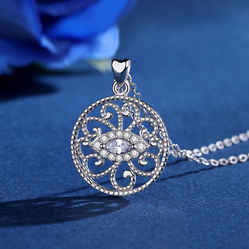 EUDORA 925 Sterling Silver Clear CZ Eye of Devil & Lycorisradiata Flower Pendant Necklace Luckly Eye Charm Fine Jewelry D351