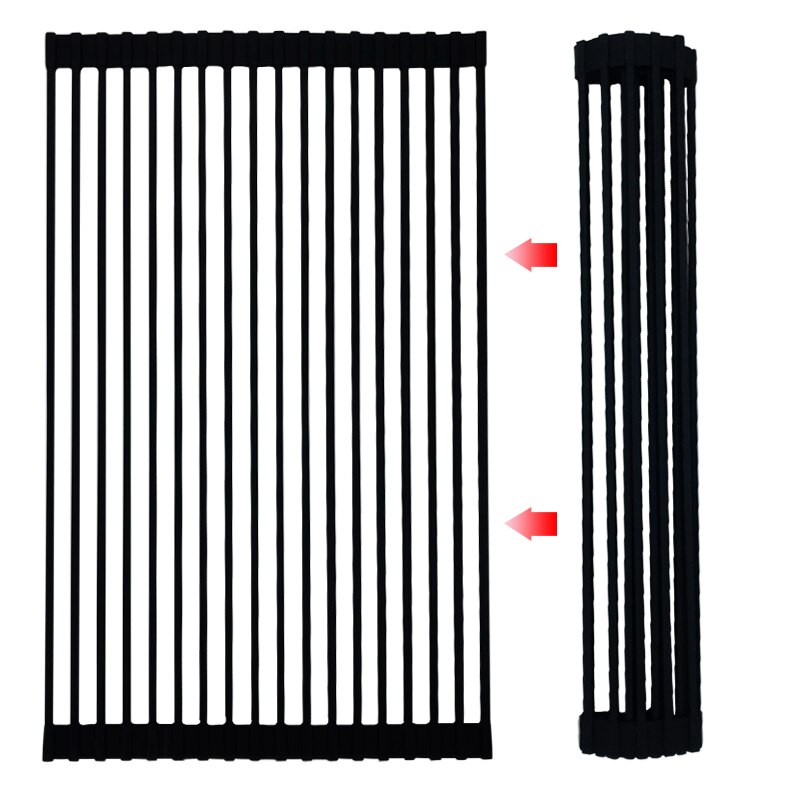 Dishwasher Safe Food Defrost Silicone Coated Foldable Roll Up Stainless Steel Dish Drying Rack: Black