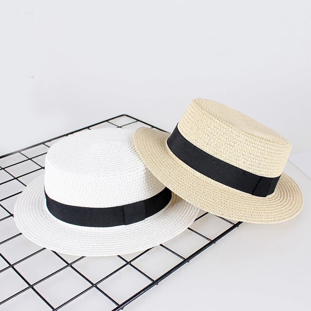 #39 bånd strå solhat åndbar stor skygge strand sommerbådsfart strandbånd rund flad top hat til kvinder