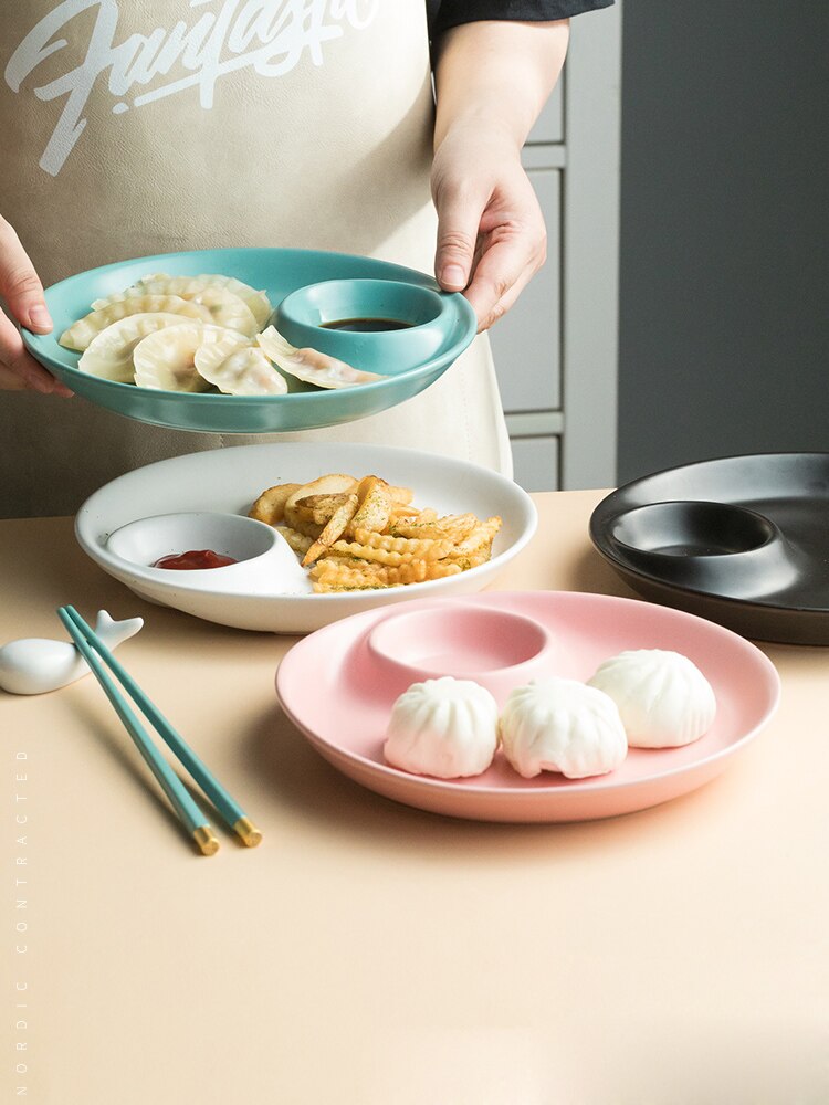 Ceramic Japanese Dumpling Plate With Seasoning Dish Sushi Fried Chicken Wing Snack Plate Home Dining Plate Kitchen Tableware