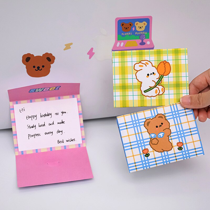 Cartoon Leuke Grid Bear Bunny Envelop Beste Wensen Opvouwbare Bericht Notepad Verjaardag Zegen Wenskaart Kleine Briefpapier