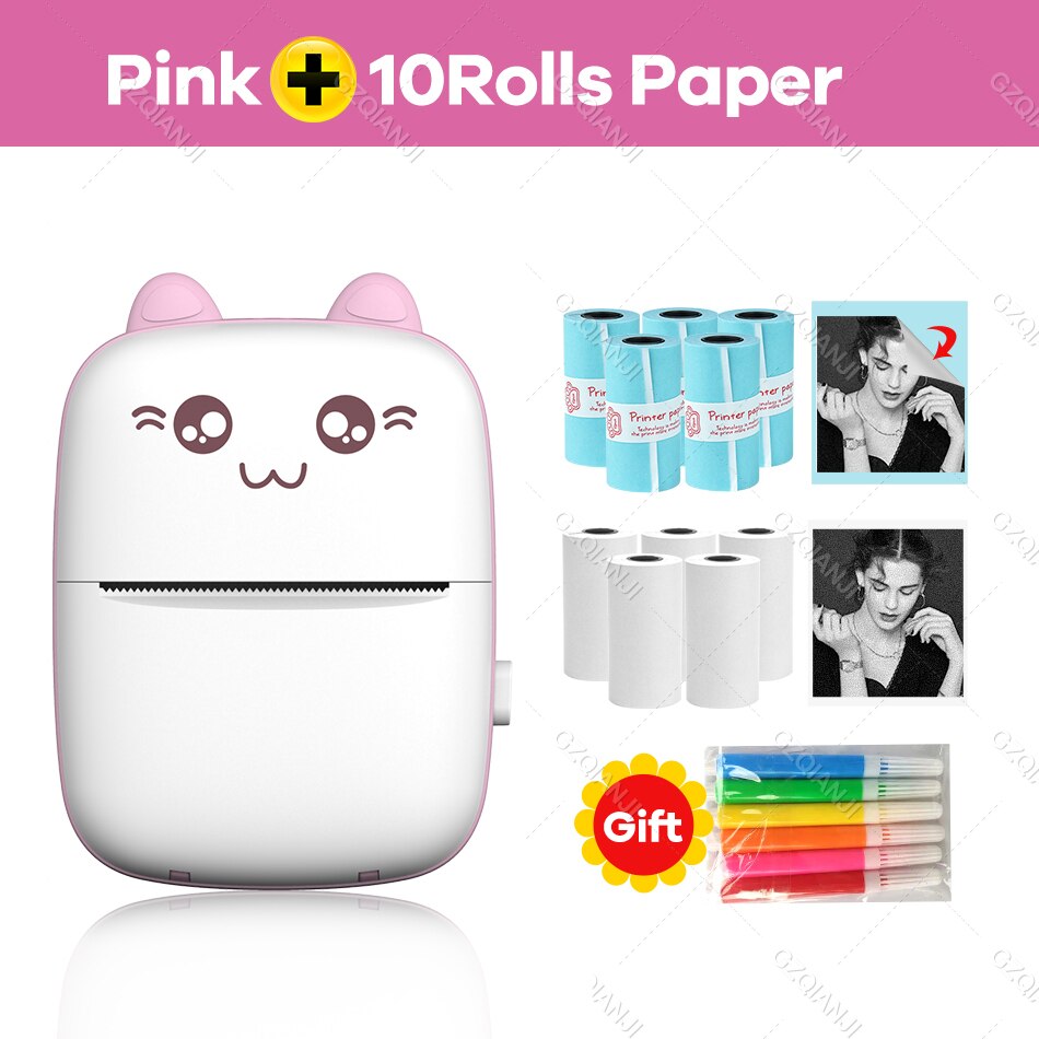 Thermal Printer 203DPI Portable Bluetooth 4.0 Thermal Photo Printer Wireless Inkless Mini Pocket Label Notes Printer With Papers: PK add 5WH5STIC