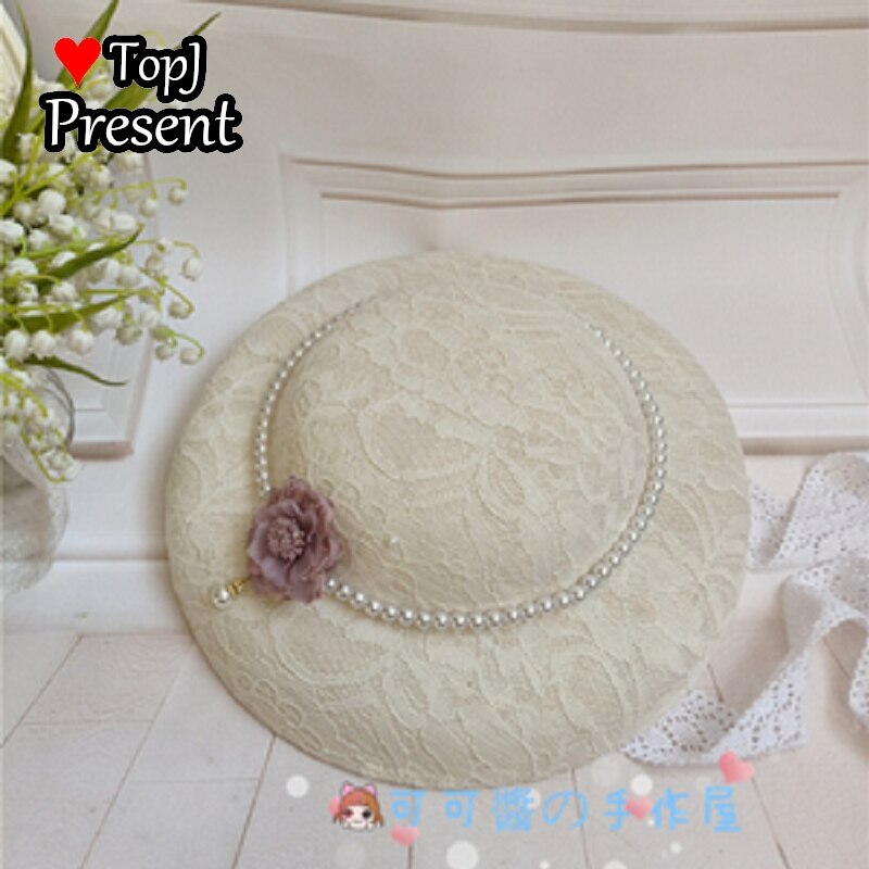 Lolita Hanyang eclectic hat retro linen flat hatGorgeous Hand made hat Ming Hanfu pearl bandage: White 8