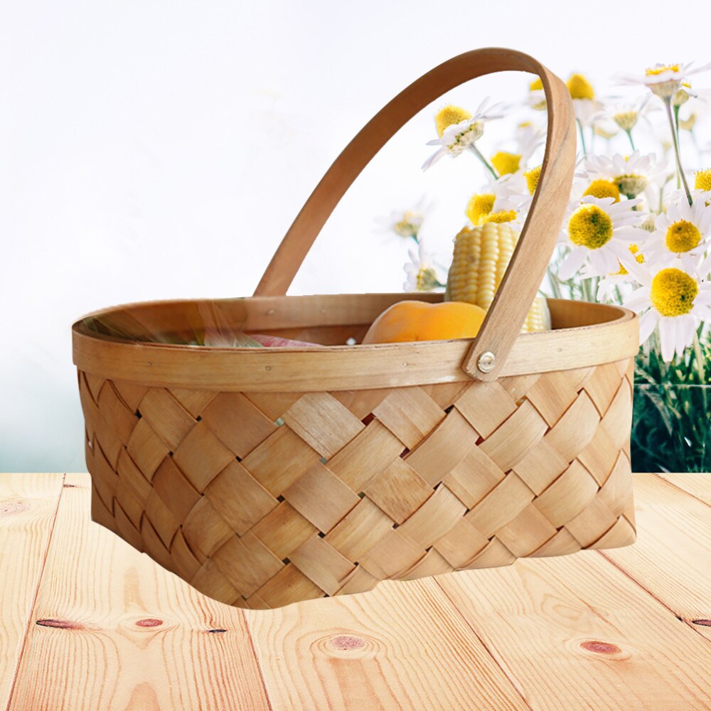 Portable Rattan Storage Container Storage Basket Houseware Storage Basket Wooden Woven Storage Basket with Handle(Small