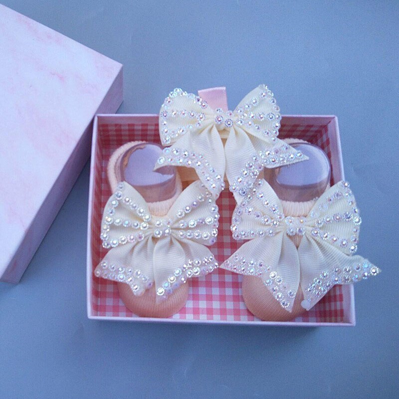Conjunto de 2 unids/lote de calcetines de diadema para niña, lazos de encaje, turbante elástico, diademas, diadema para niña, accesorios para el cabello para bebé: beige