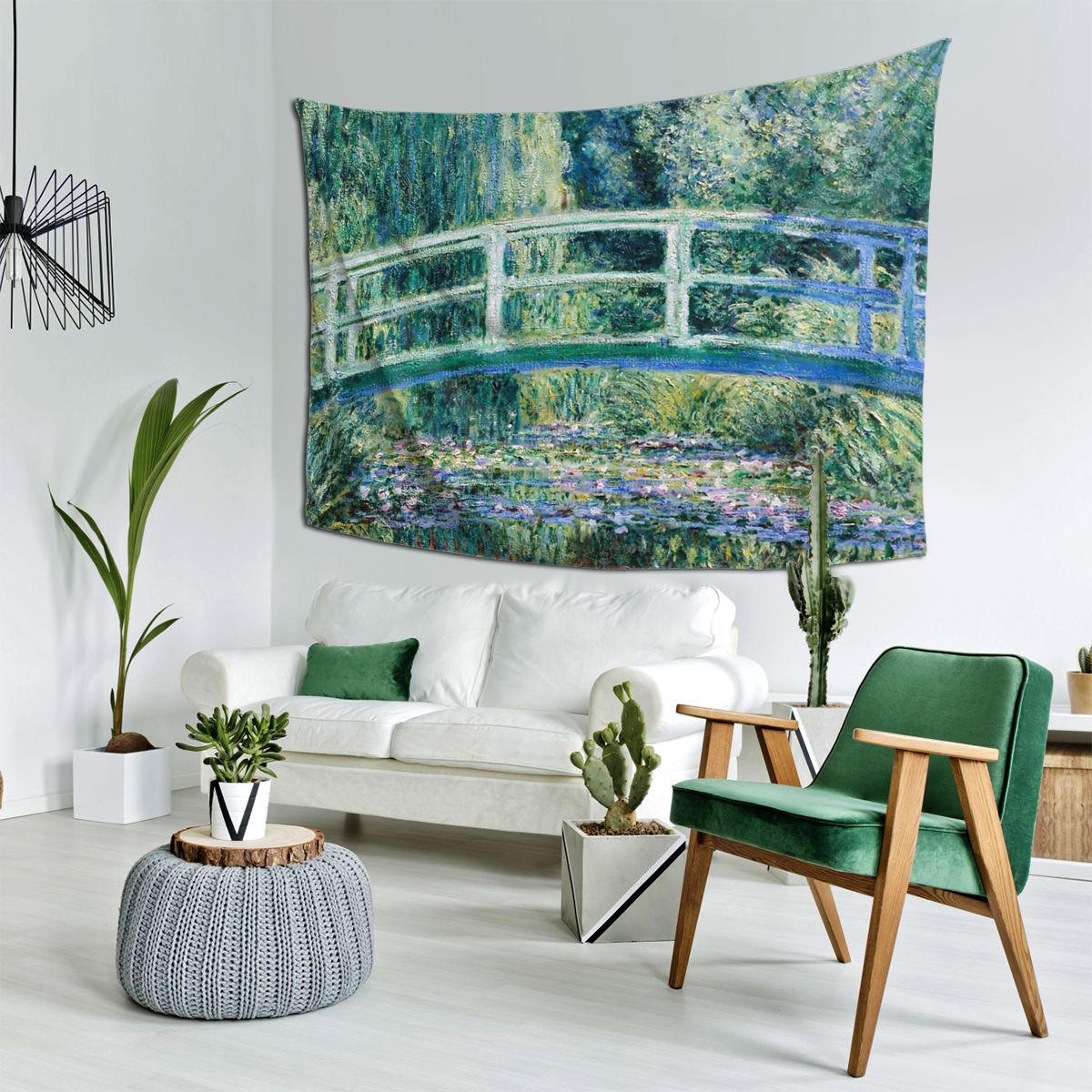 Water Lilies And Japanese Bridge Tapestry Wall Hanging Curtain Monet Art French Painting Wall Cloth Polyester Beach Mat Leisure