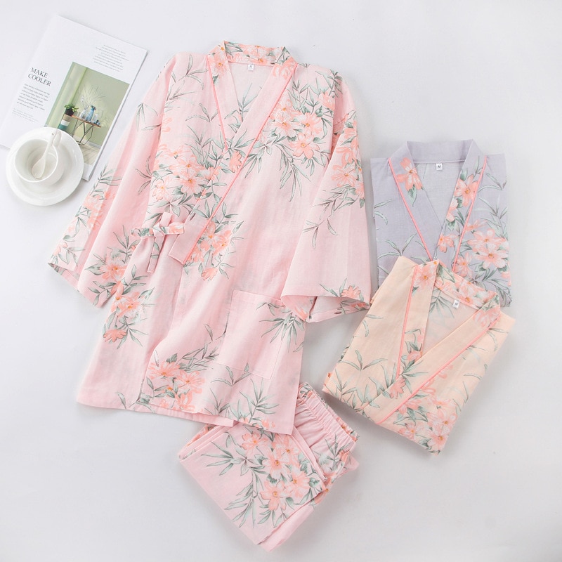 Yukata de estilo japonés para mujer, ropa de dormir con Kimono Floral de primavera, conjunto de pijamas finos de algodón para el hogar, ropa de dormir de ocio para mujer