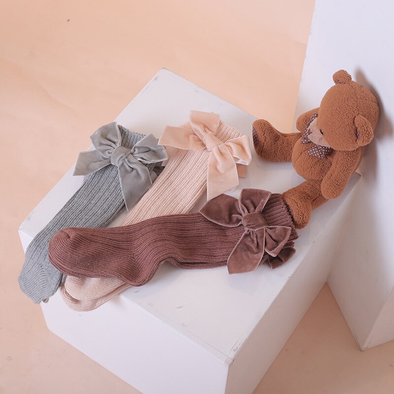 freundlicher Spanisch Socken für Frühling Herbst groß Bowknot Wolle Baby Socken Reine Ebene Farbe Mitte-zu-hohe kleinkind Mädchen Socken