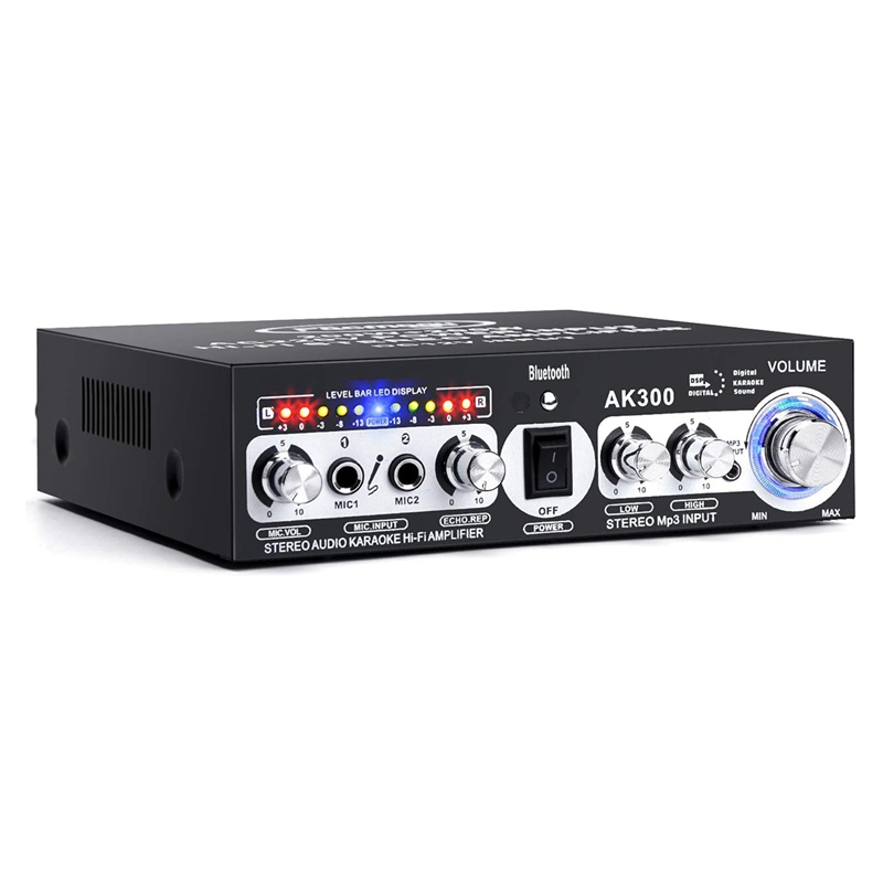 -AK300 200W+200W Audio Power Amplifier, 2 Mic Input Bluetooth 5.0 Hi-Fi Stereo Karaoke Digital Audio Receiver(EU Plug)
