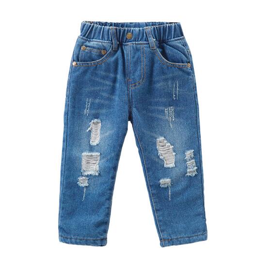 Vinter børn varme ripped jeans børn fleece tykke denim bukser baby drenge piger knækket hul plus fløjl bukser: 24m