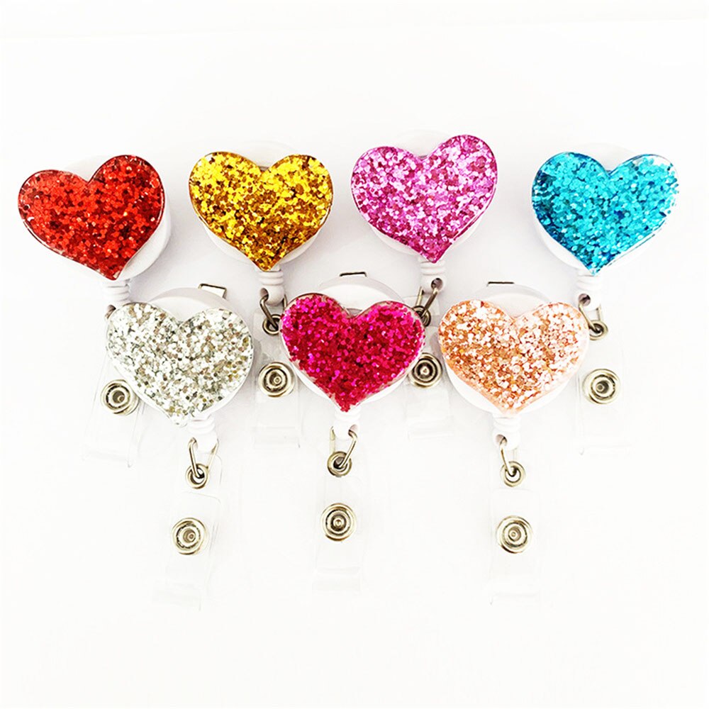 1pc Love Heart Glitter Sequins Badge Reel Retractable Badge Holder Nurse Doctor ID Card Holder Pull Key Chain Office Supplies