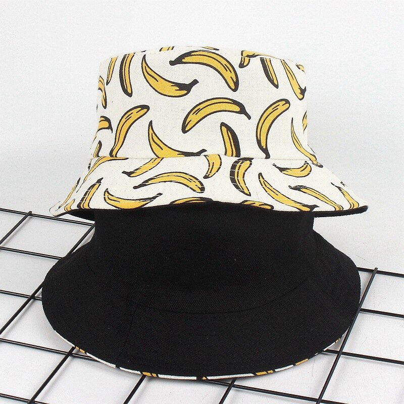 -Verano sombrero cubo para el aire libre Unisex verano cubo gorra dibujo de plátano pescador pescando sombrero Casual sombreros planos blanco